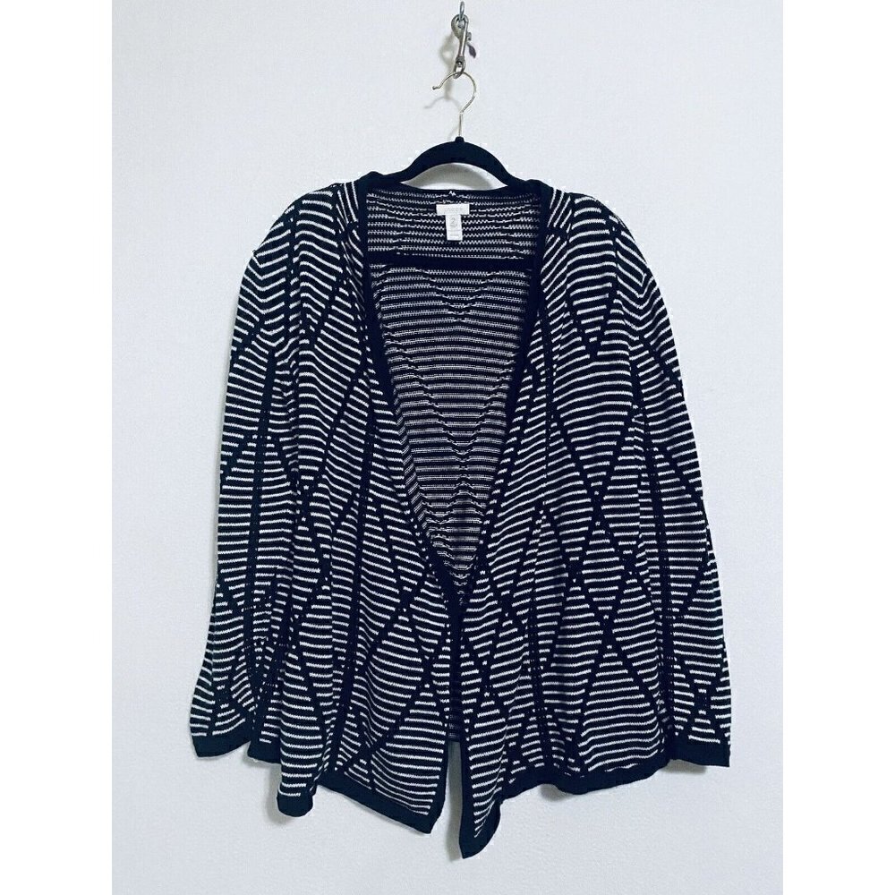 Chicos 2 Womens Large Open Cardigan Geometric Stripe Print Black Cotton